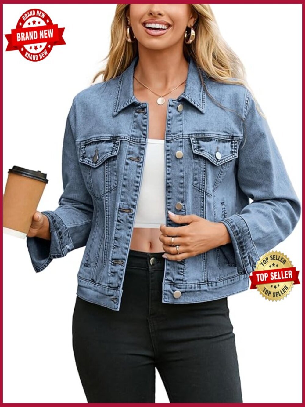 Trendy Long Sleeve Denim Jacket Button Down Fitted Western Coat with Pockets
